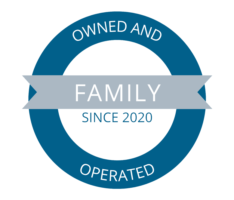 Blue circular badge with the words “Owned and Operated” and a gray banner across the center reading “Family Since 2020.”.