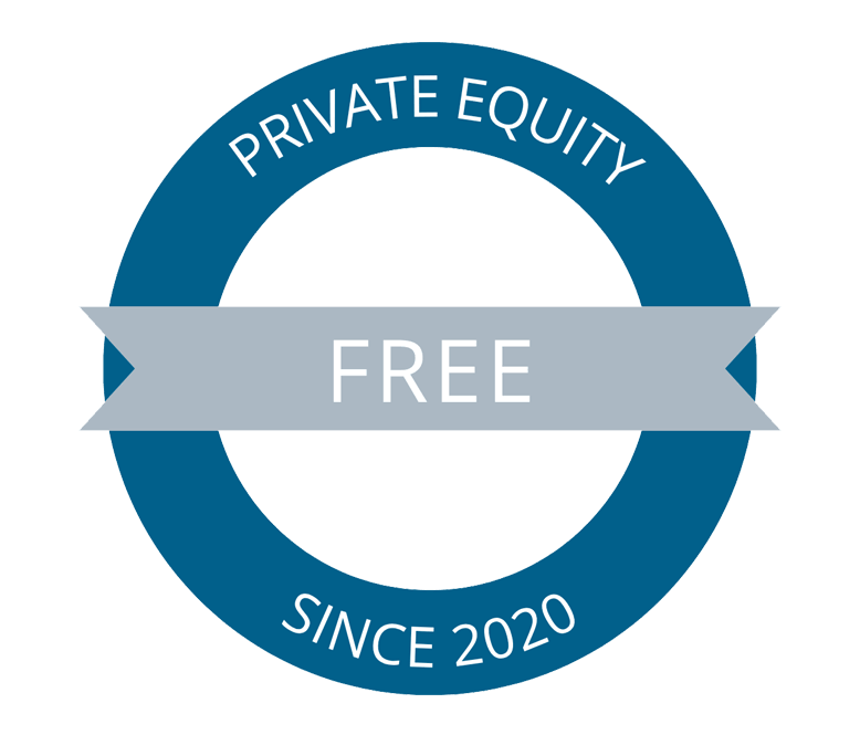 Blue and gray circular badge with the words “PRIVATE EQUITY” at the top, “SINCE 2020” at the bottom, and “FREE” across the center on a horizontal ribbon.